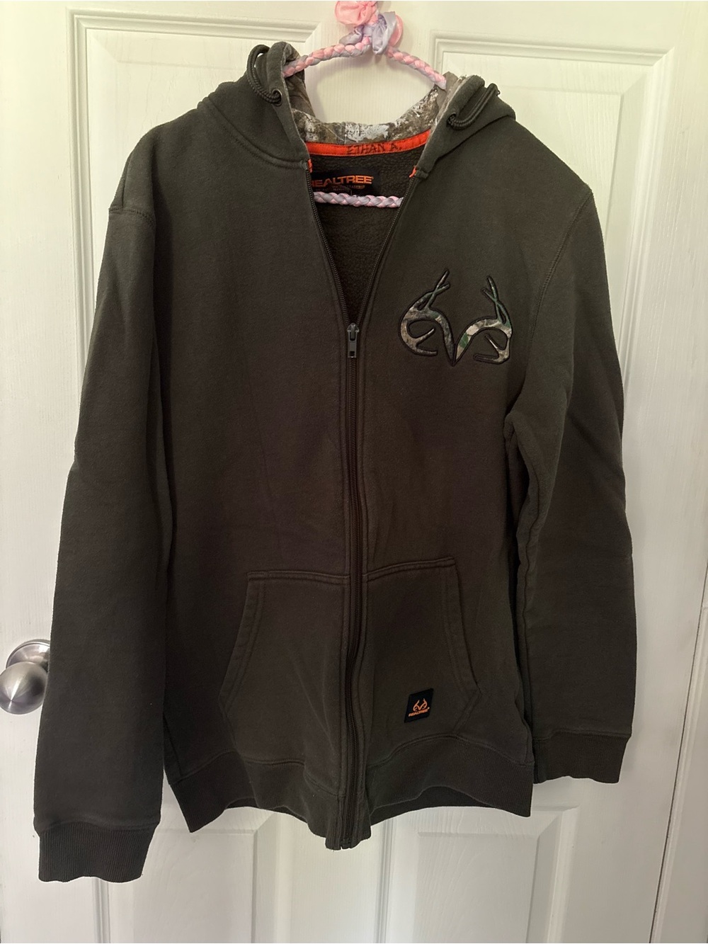 Realtree Mens Dark Grey Full-Zip Hoodie with Camo Logo
